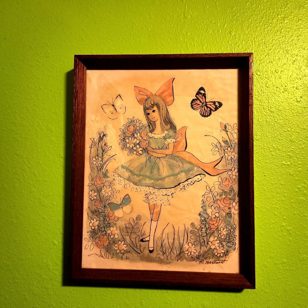 1971 M. Hartnett Framed Lithograph Art Print Girl In Dress With Flowers